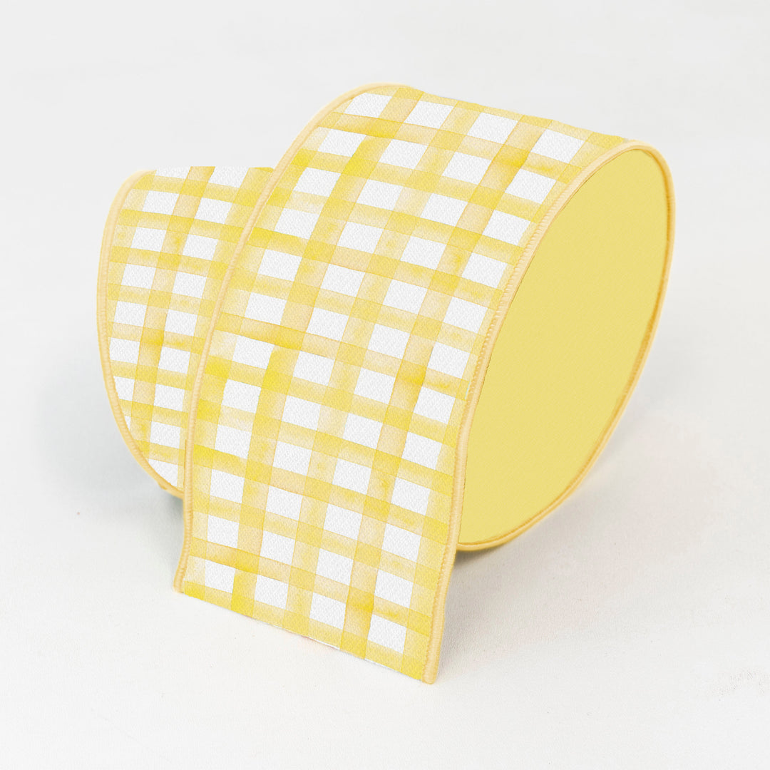 Farrisilk 4" x 10 YD Yellow Watercolor Gingham Wired Ribbon