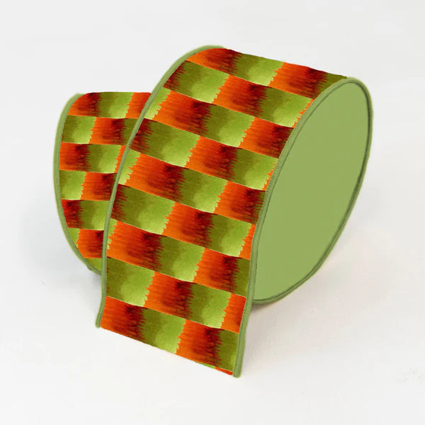 Farrisilk 4" x 10 YD Harvest Checks Wired Ribbon in Orange/Green