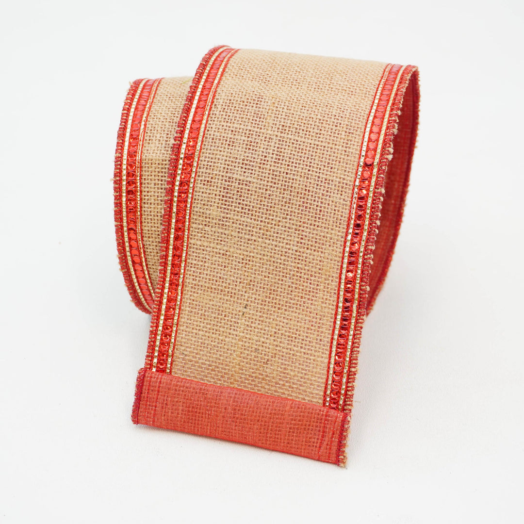 Farrisilk 4" x 10 YD Sequin Borders Wired Ribbon in Natural/Red