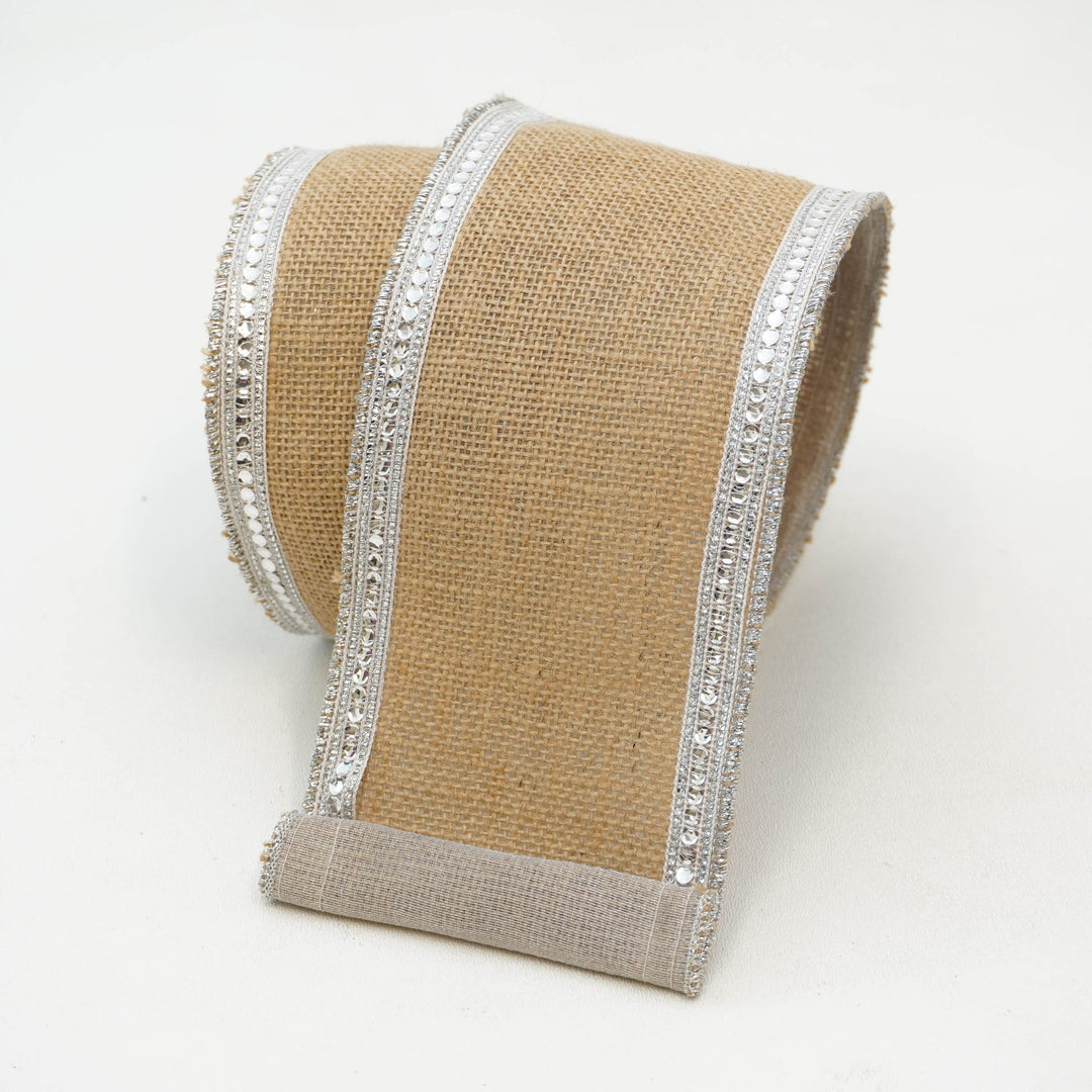 Farrisilk 4" x 10 YD Sequin Borders Wired Ribbon in Natural/Silver