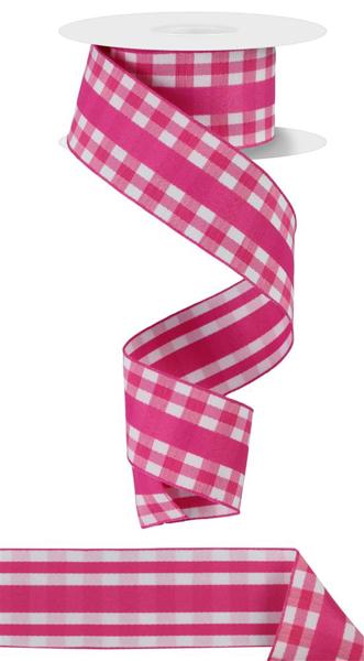 1.5" x 100 feet Hot Pink Mini Gingham with Center Stripe and Vertical Stripe Back Wired Ribbon