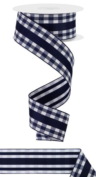 1.5" x 100 feet Navy Mini Gingham with Center Stripe and Vertical Stripe Back Wired Ribbon