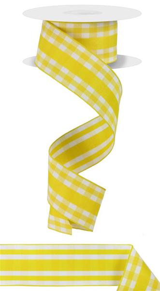 1.5" x 100 feet Yellow Mini Gingham with Center Stripe and Vertical Stripe Back Wired Ribbon