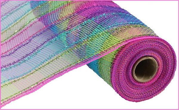 10.25" X 10 YD Tinsel/PP Check Border Mesh in Fuschia/Purple/Turquoise/Lime