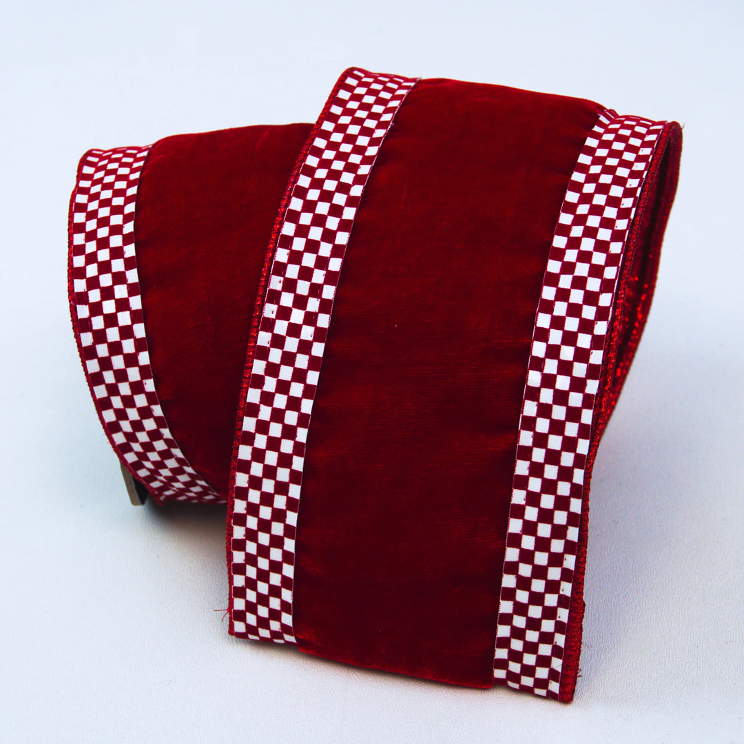 Farrisilk 4" X 10 YD Red Velvet with Red/White Check Mini Border Wired Ribbon