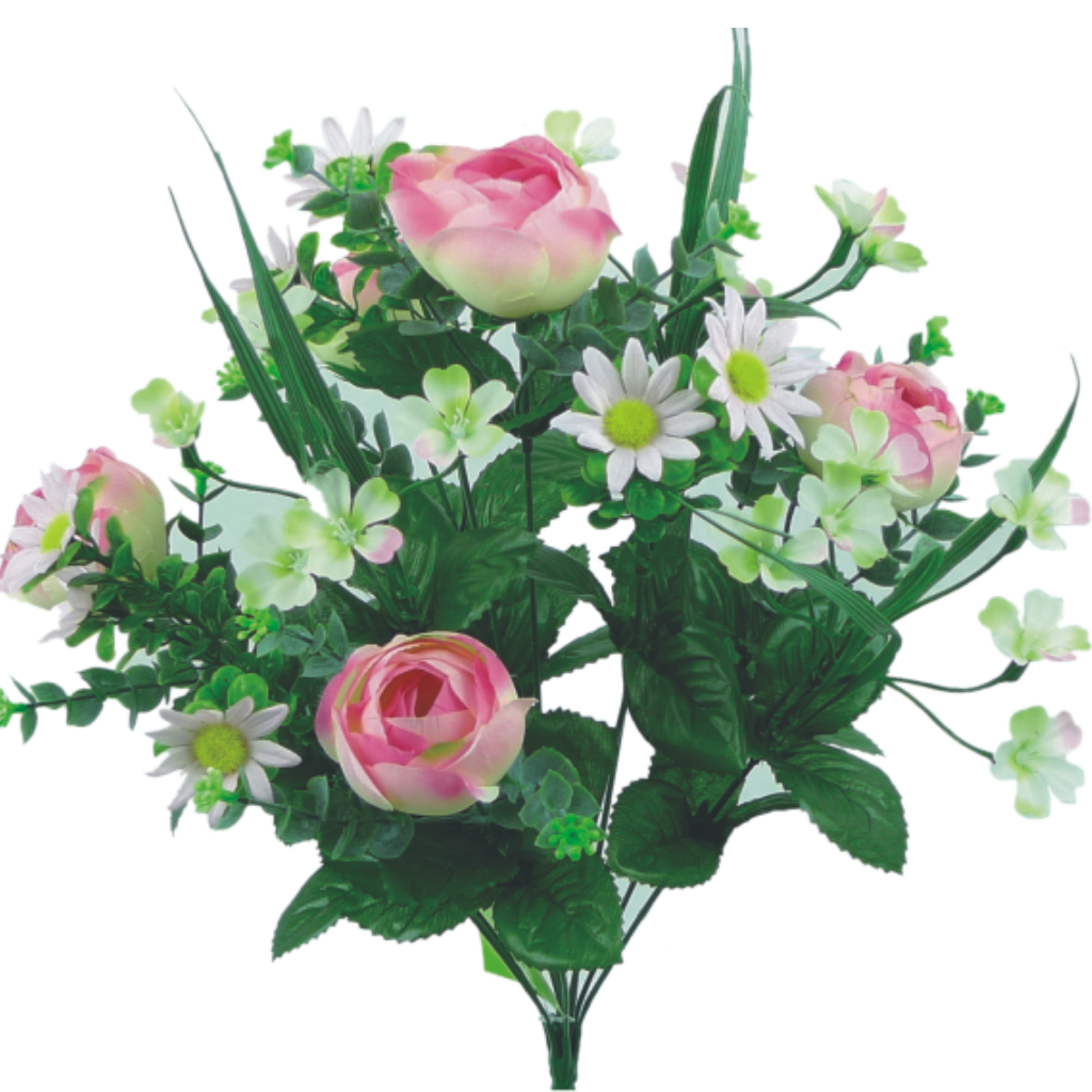 18" Ranunculus Daisy Bush- Pink Ranunculus w/Pink & White Daisies