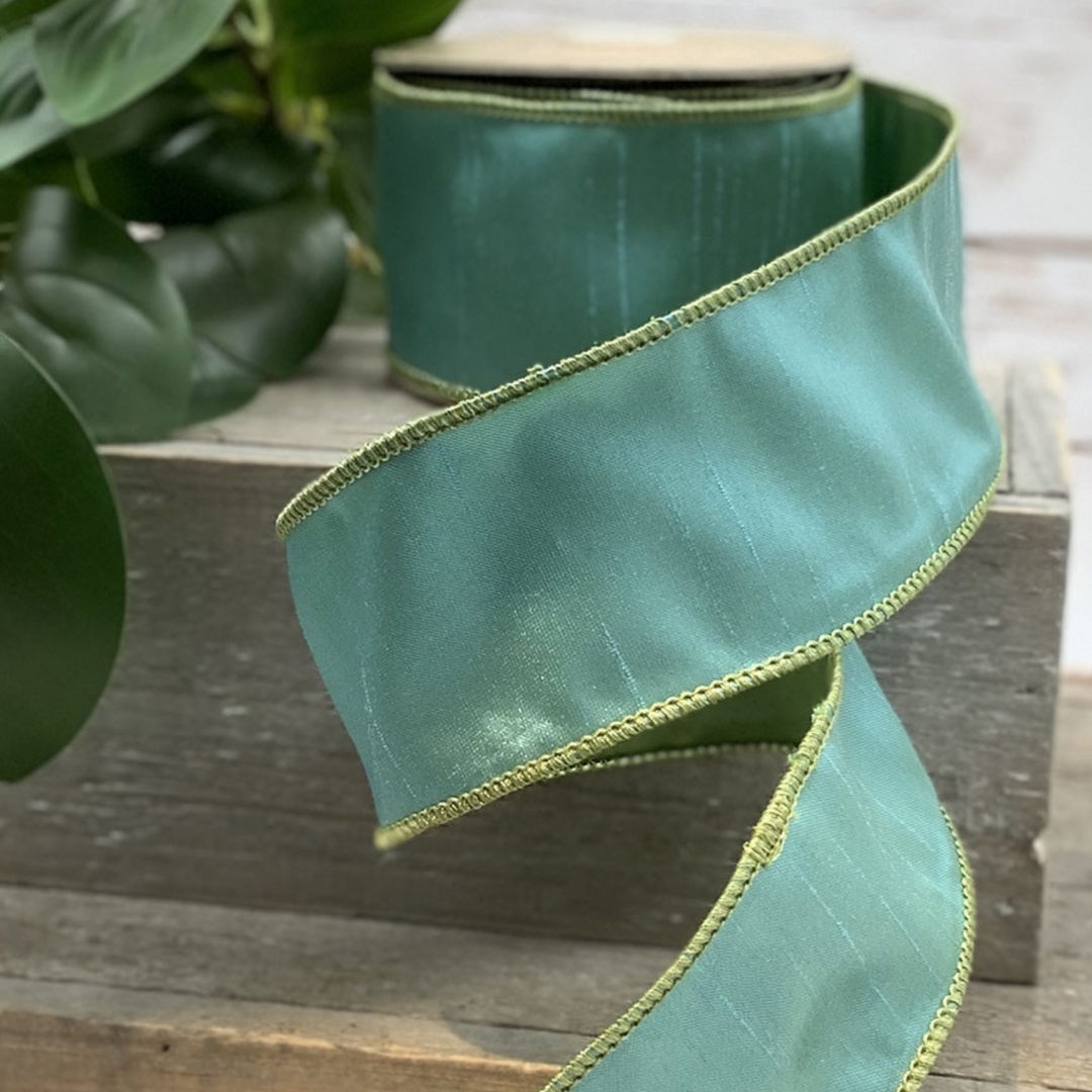 d. stevens 2.5" x 10 YD Aqua Blue with Reverse Green Dupion Wired Ribbon