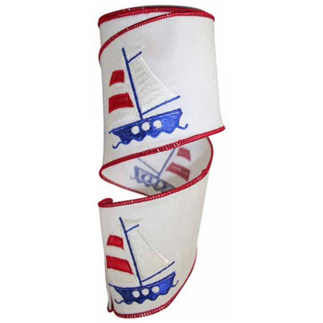 Reliant 4" x 10 YD Embroidered Sailboat Ribbon in Red/White/Blue