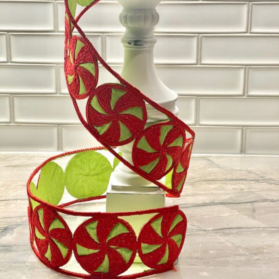 LUXURY 3" X 5 YD Candies in Lime/Red Wired Ribbon
