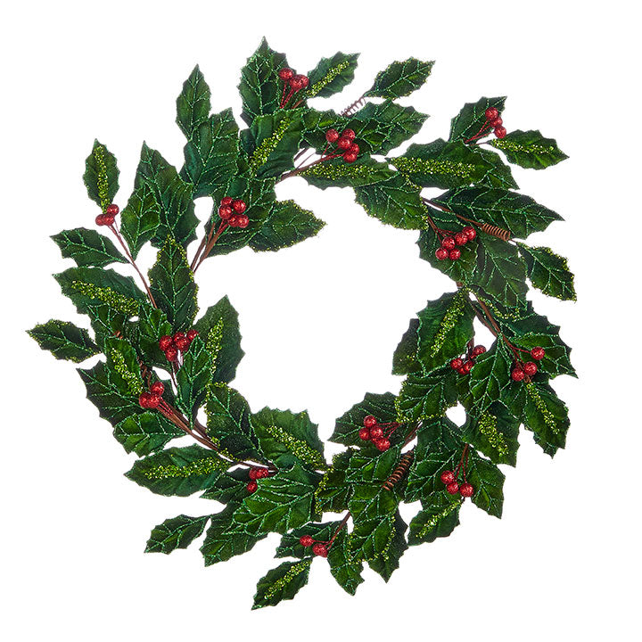 RAZ 24" Green Glittered Holly Wreath with Red Berries