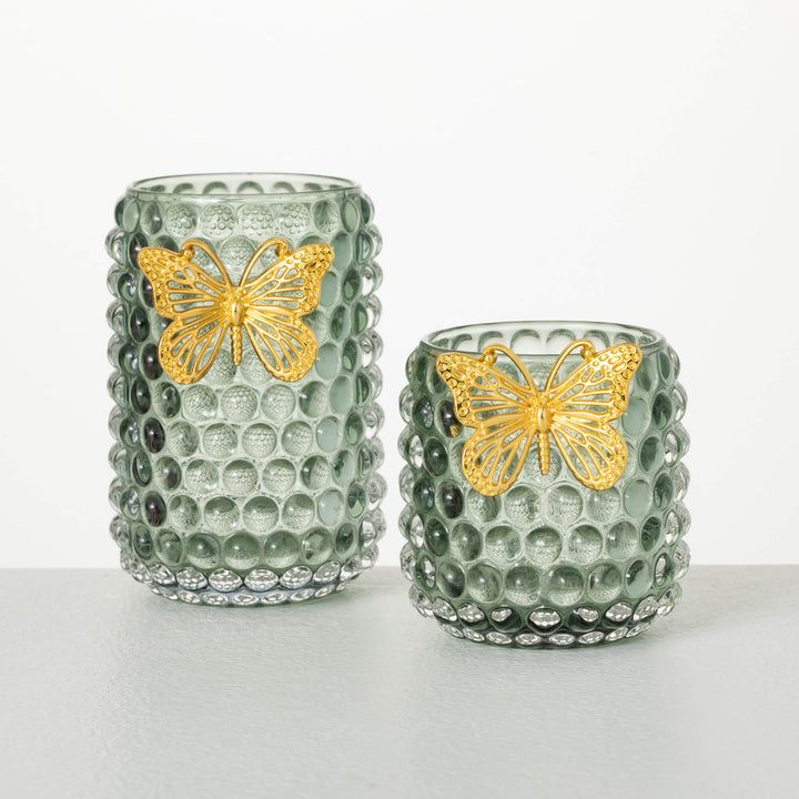 Sullivan's 5.25" Set of Green Glass Votive holders with Gold Butterfly Accent - Set of 2 (1 of each size)