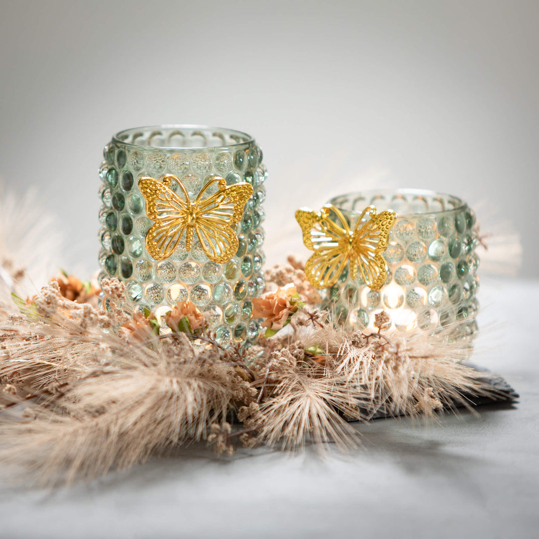 Sullivan's 5.25" Set of Green Glass Votive holders with Gold Butterfly Accent - Set of 2 (1 of each size)