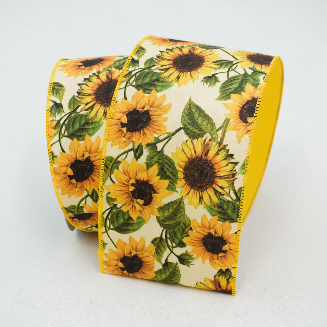 Farrisilk 4" x 10 YD Sunflowers Wired Ribbon in Yellow/Green/Cream/Brown with Yellow Back