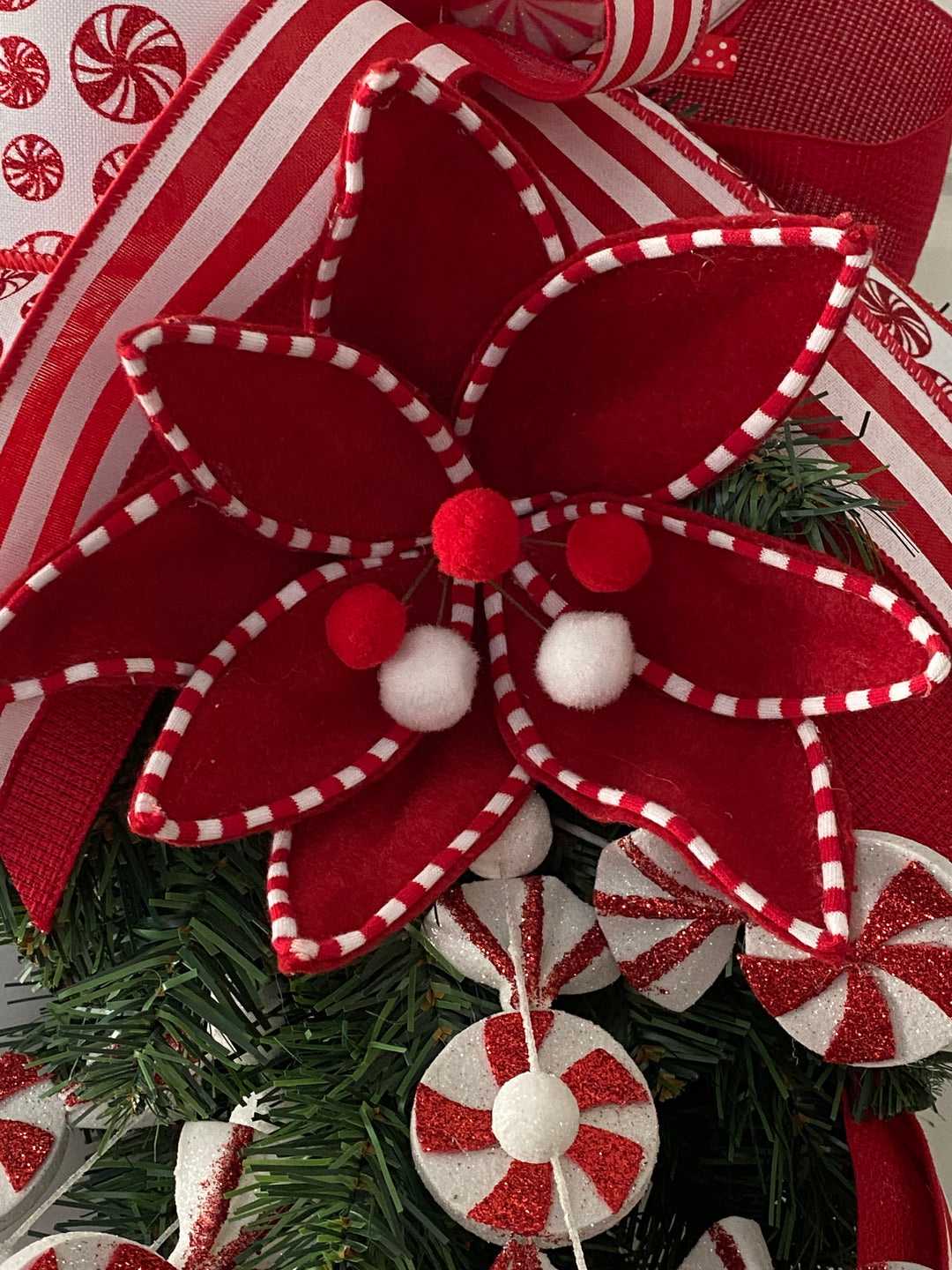 11" Velvet Peppermint Edge Poinsettia Pick in Red/White